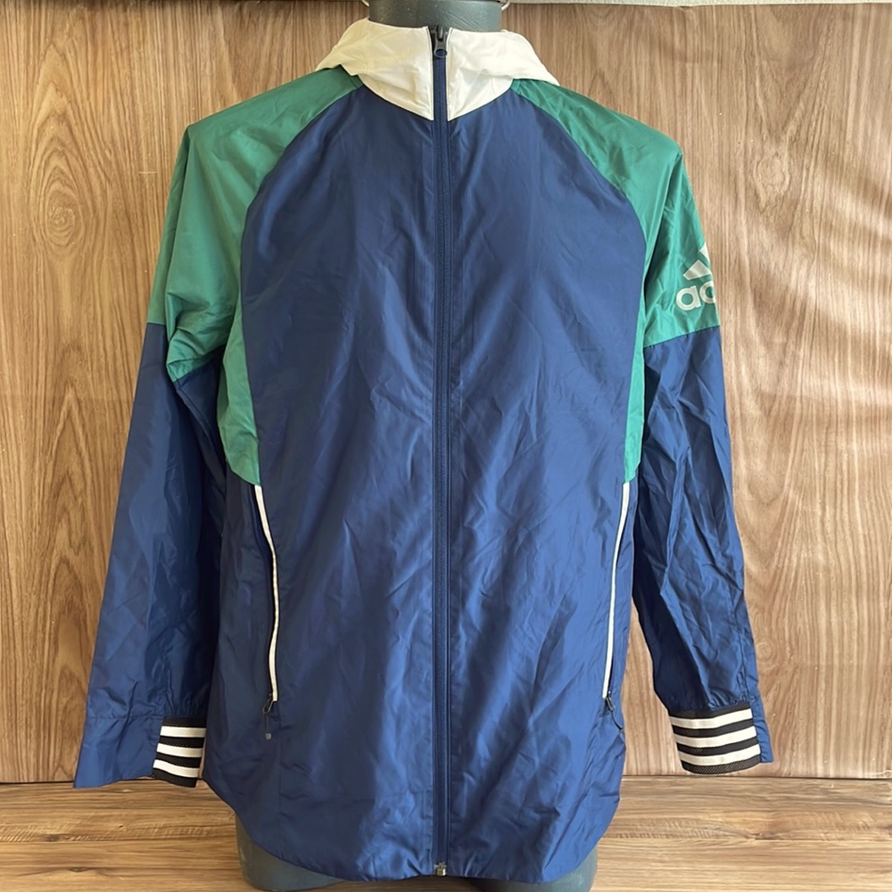 Adidas Essential Hooded Full Zip Rain Windbreaker Jacket Mens S blue and green